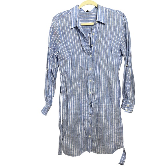 Ann Taylor Linen Striped Shirt Dress Medium Blue White Belted Coastal Preppy - Picture 8 of 11